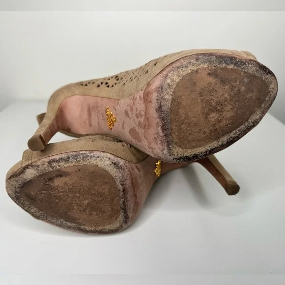 Prada Perforated Beige Suede Ankle Boots - Size 38.5